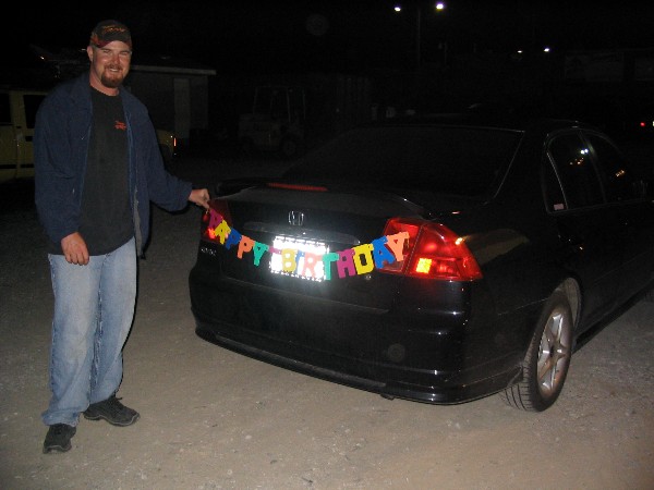 Chris and Amanda's car, with the bday banner!